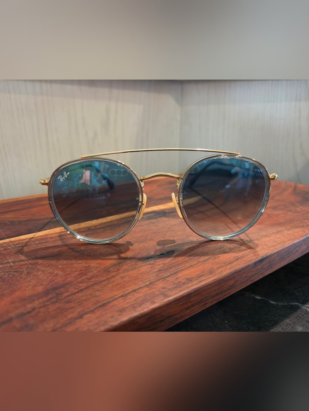 Ray-Ban Gold Frame Sunglasses with Blue Lenses